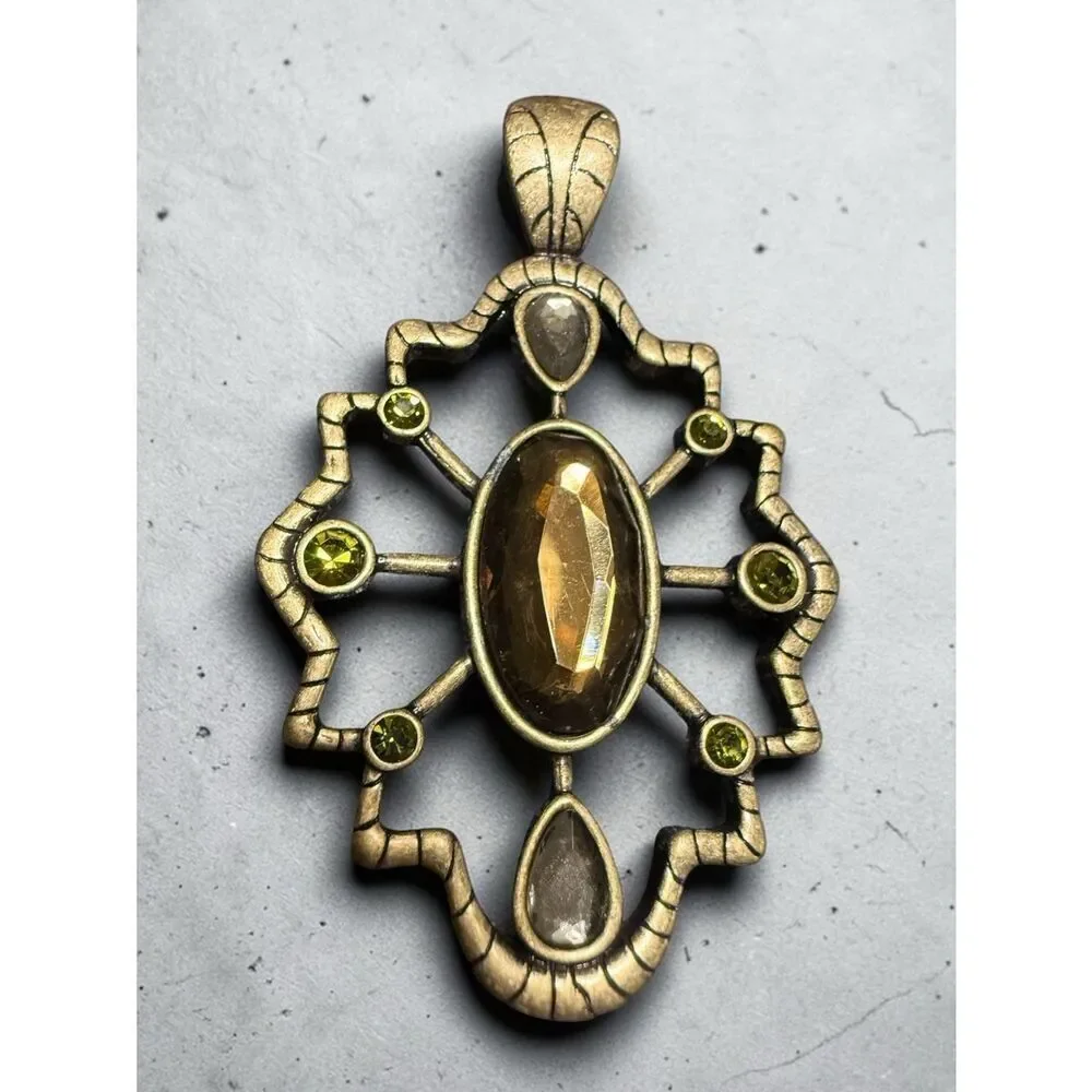 Vintage Gold Tone Statement Pendant Women Large Boho Gemstone Wide Bail
